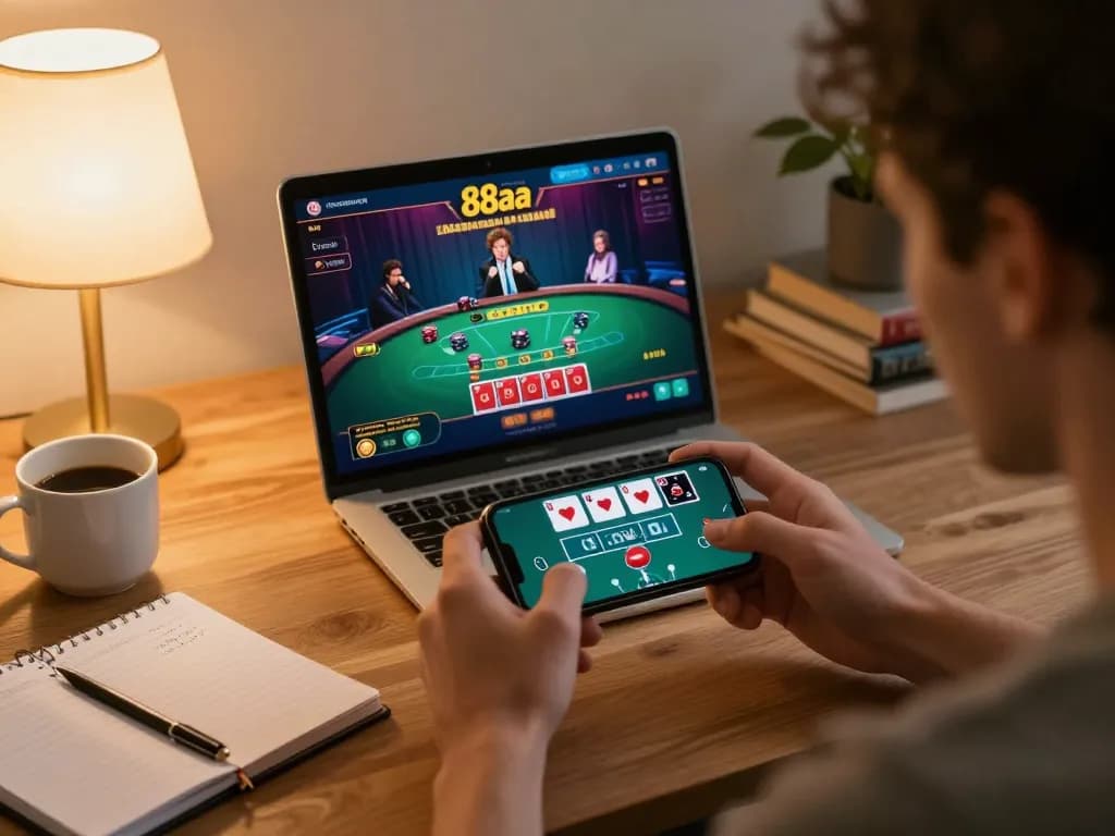 Player engaging with 88aa casino app on smartphone while sipping coffee, showcasing online gambling.