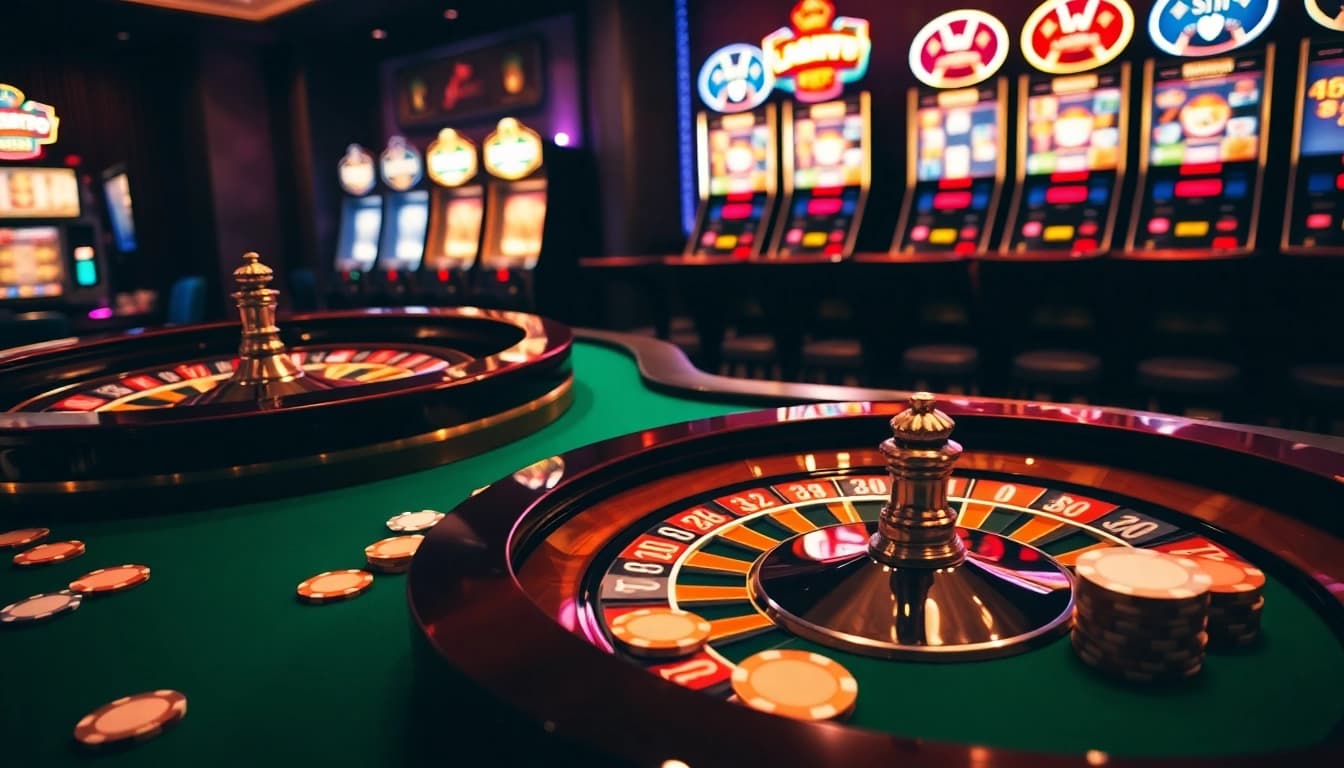 Lazadatoto casino players engaging with roulette and poker tables, capturing the essence of excitement and strategy.
