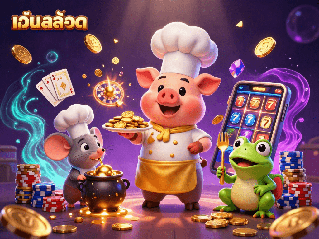 Experience เว็บสล็อต excitement with a pig chef showcasing golden coins, roulette, and vibrant casino elements.