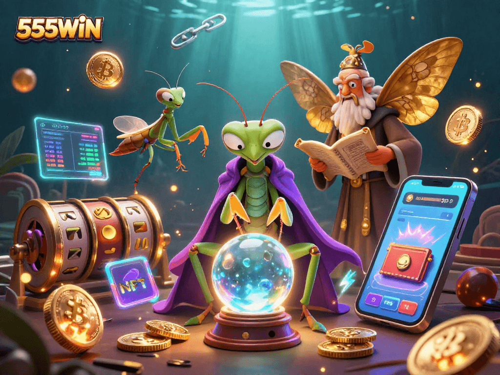 Engage with 555WIN’s vibrant 3D illustration showcasing fortune tellers and gaming elements for an exciting casino experience.