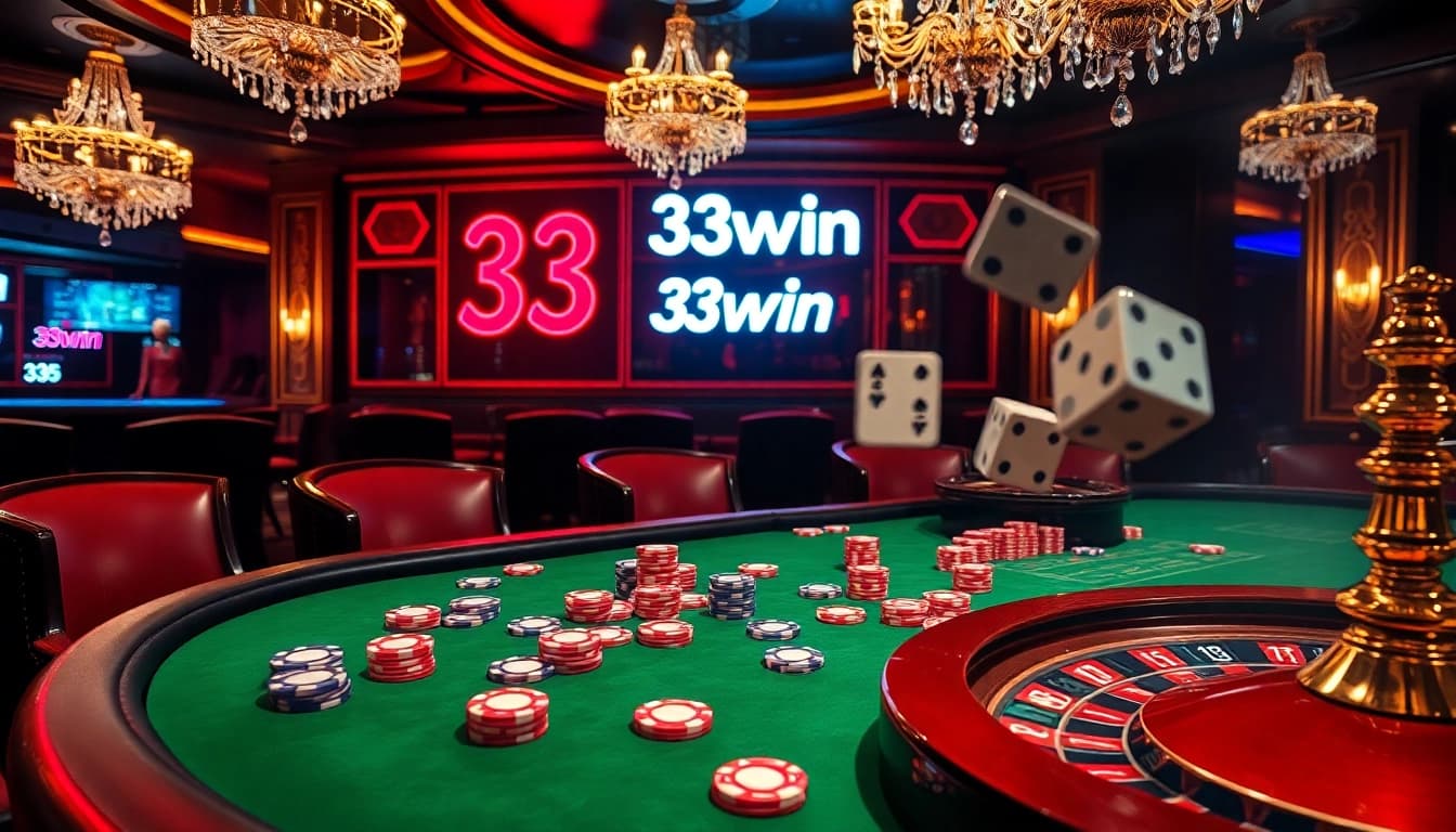 Players enjoying an exciting poker game at 33win casino with vibrant chips and roulette wheel.
