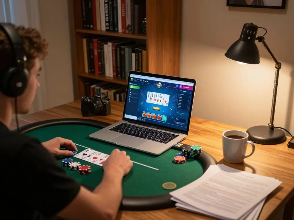 Player using laptop for online casino gaming, showcasing tr88vina casino strategies and excitement