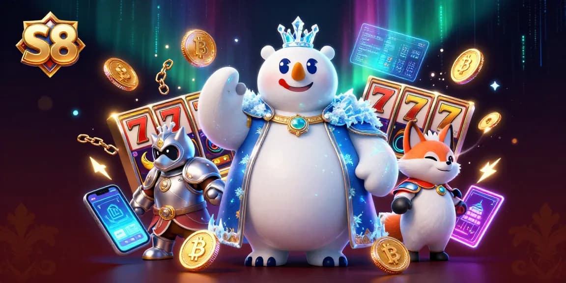 S8 casino scene celebrating jackpots with cartoon characters and vibrant slot game elements.