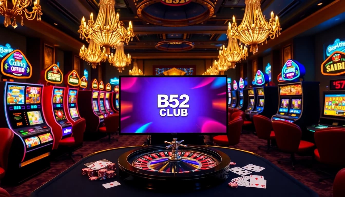 B52 CLUB players enjoying vibrant casino games with slot machines and a roulette wheel.