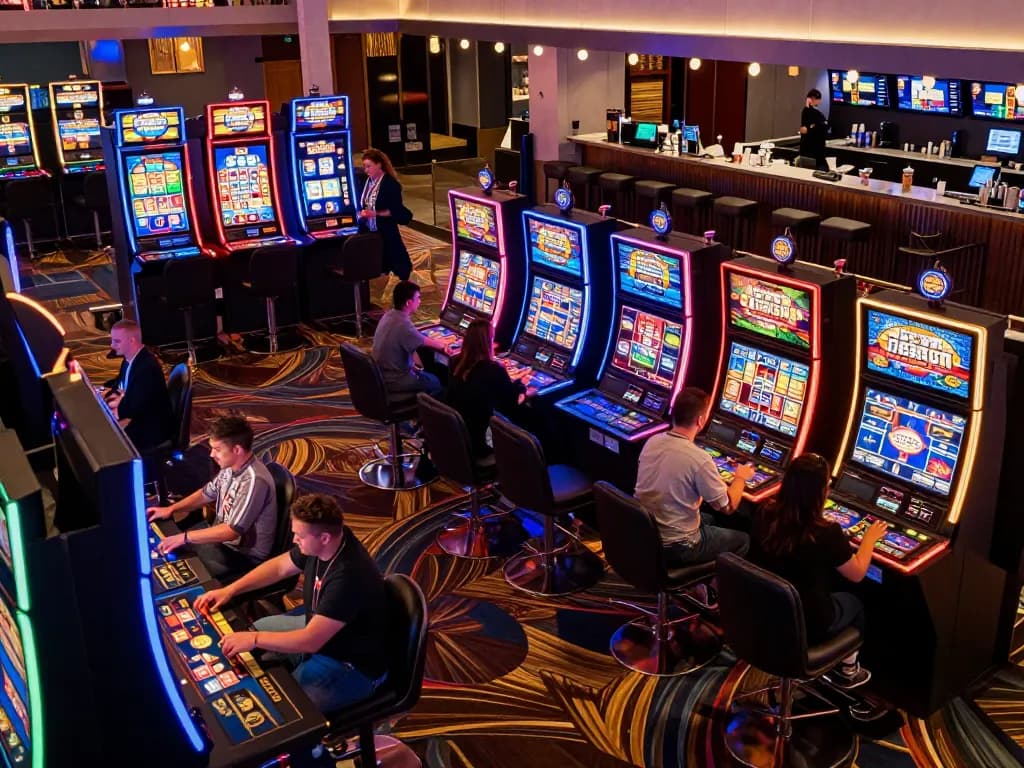 Players enjoying vibrant slot machines at 555win casino, highlighting dynamic gaming atmosphere.