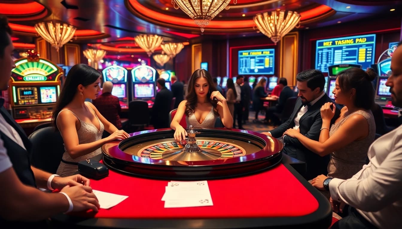 A thrilling gameplay experience at the luxurious casino featuring exciting gambling elements, showcasing https://new88.gold/ amidst vibrant ambiance.