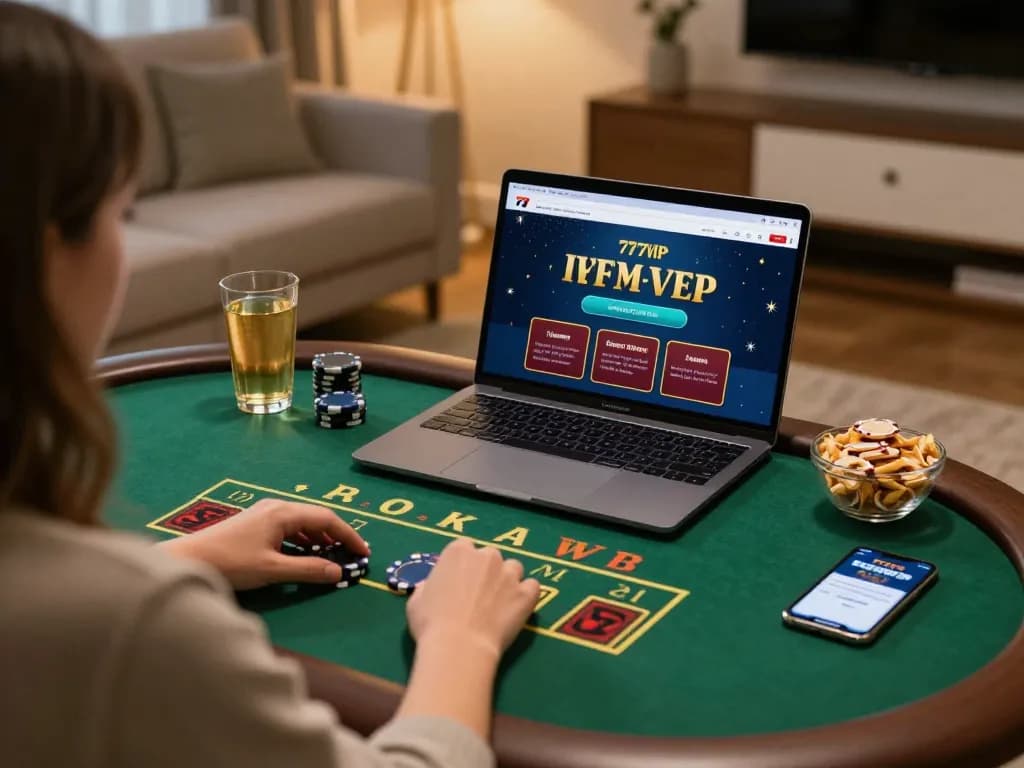 Engaged player on 777VIP laptop at home, focusing on strategic blackjack gameplay in a cozy setting