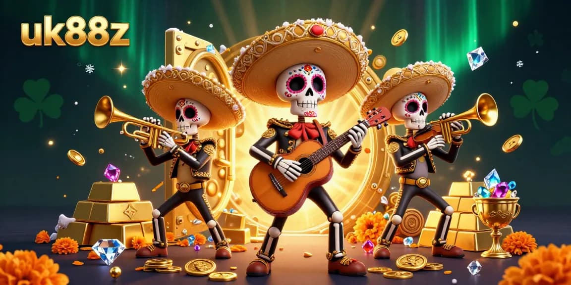 uk88z showcases a vibrant 3D illustration with mariachi characters amidst golden treasures and casino elements.