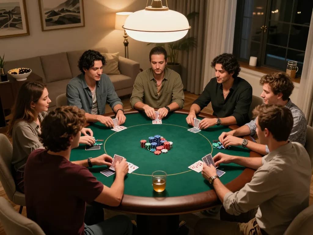 Friends strategizing over poker at home, enhancing their 32win gaming experience.
