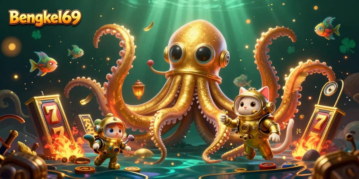 Bengkel69 presents an exciting illustration featuring a golden-tentacled kraken amidst a thrilling slot gaming atmosphere.