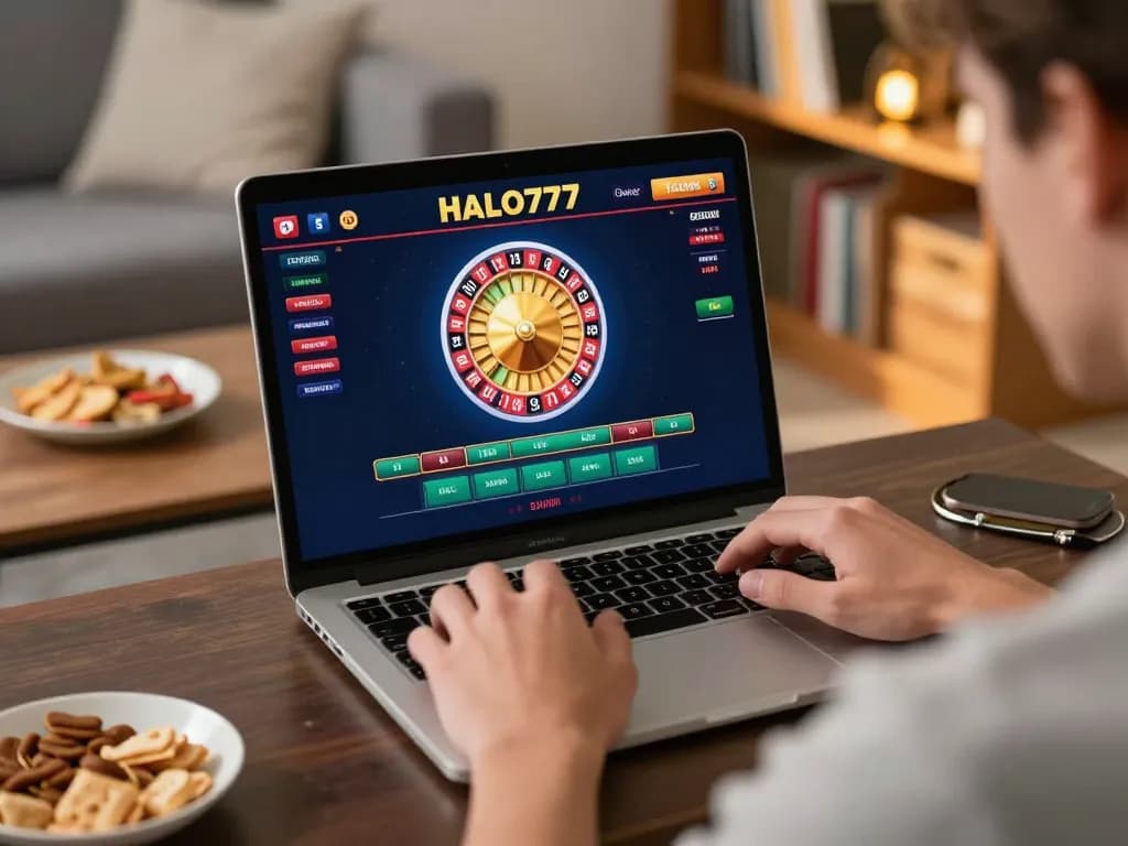 Pemain menikmati pengalaman kasino online halo777 yang mendebarkan dengan laptop yang menampilkan permainan rolet yang penuh warna.