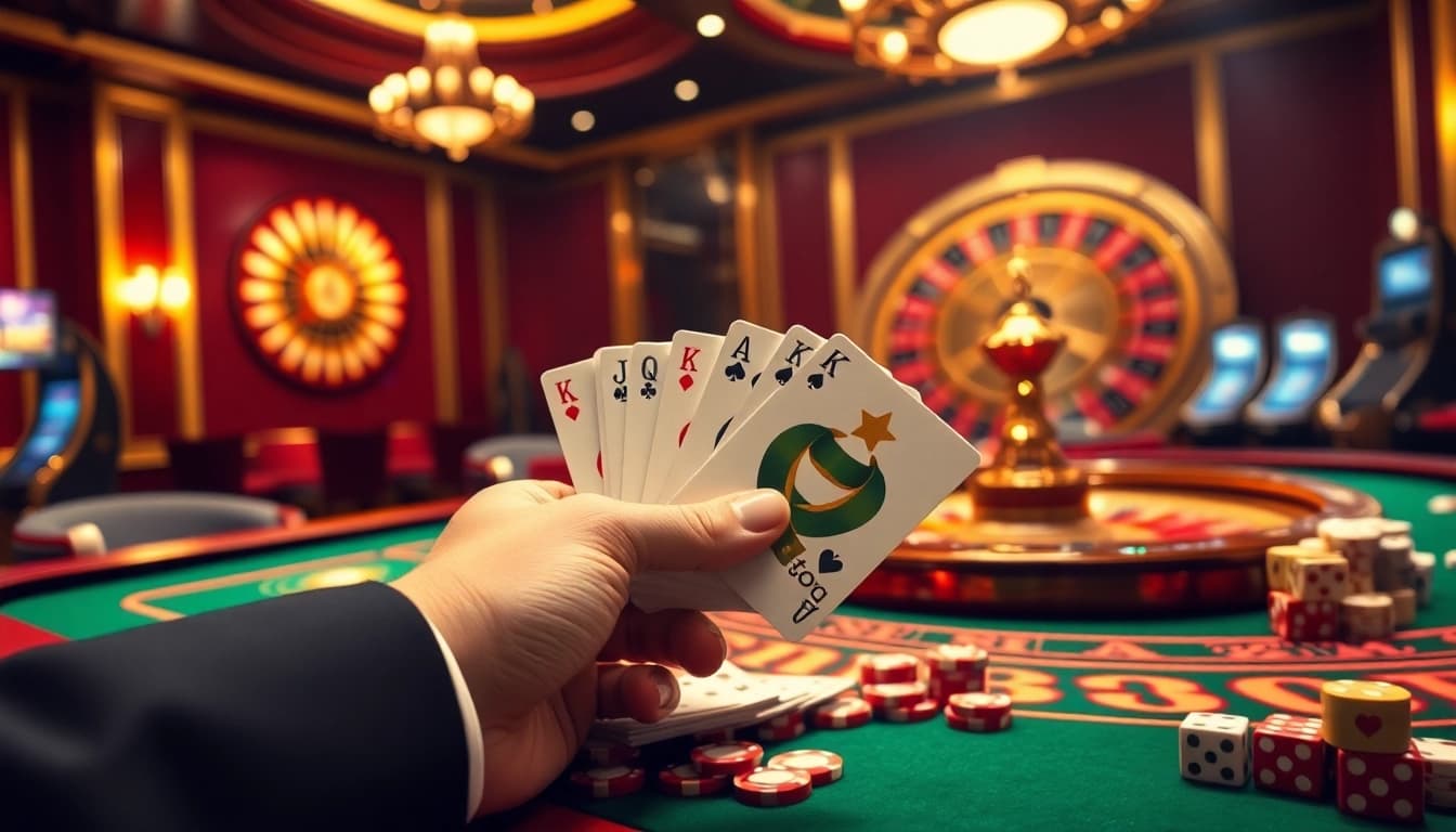 Experience the excitement of SHBET with vibrant poker chips and gaming tables in a luxurious casino setting.