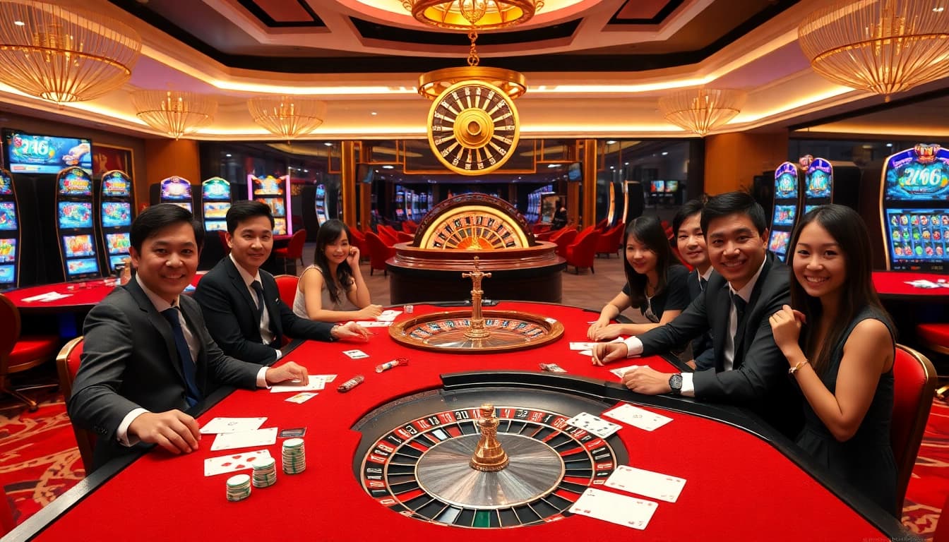 Cổng Game XIN88 showcasing an exciting atmosphere with vibrant gambling elements and engaging players.