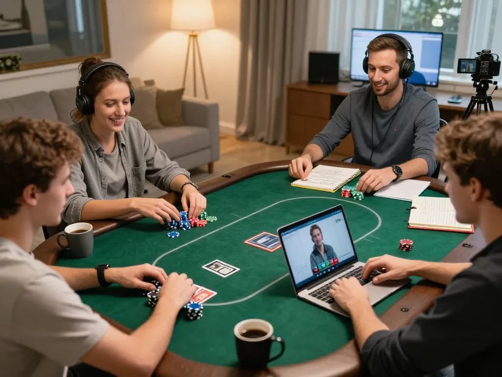 SG777 players engaged in dynamic online poker game from home, showcasing strategy and excitement.