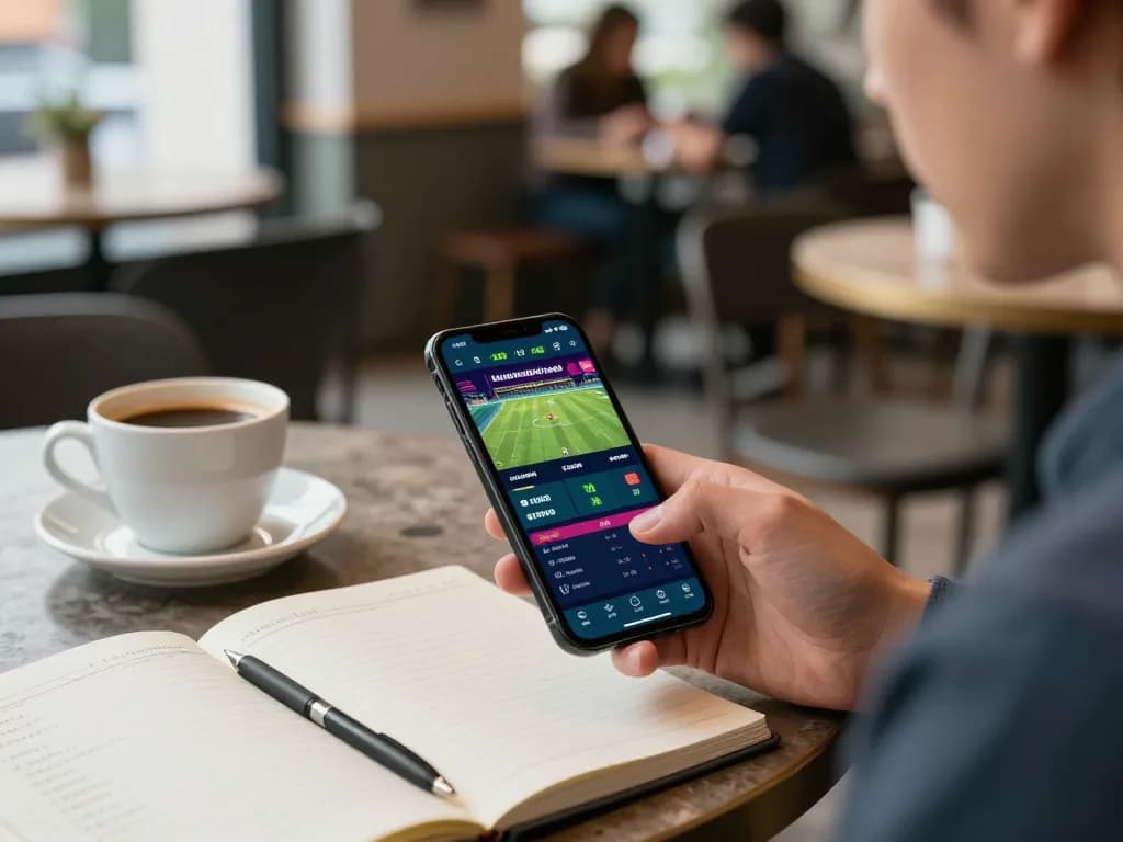 Engaged user betting on sports using smartphone at https://mk8th.net/ in a vibrant café setting.