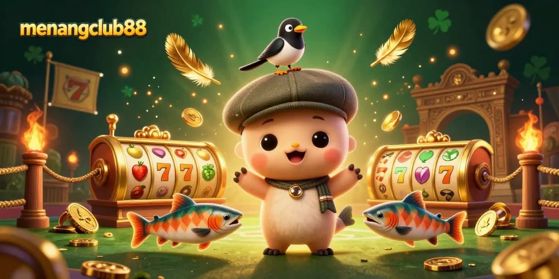 Play at menangclub88 with playful cartoon Nessie and vibrant casino elements for exciting gaming fun.