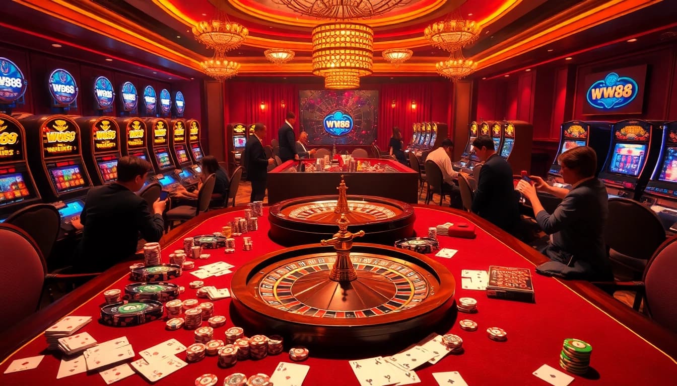 Exciting poker action at the ww88 casino with vibrant tables and colorful chips.