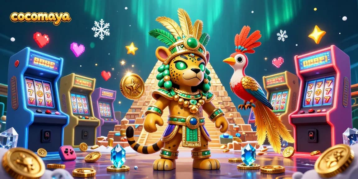 Engage with cocomaya's colorful interactive casino gaming scene featuring dynamic Mayan characters and vibrant slot elements.