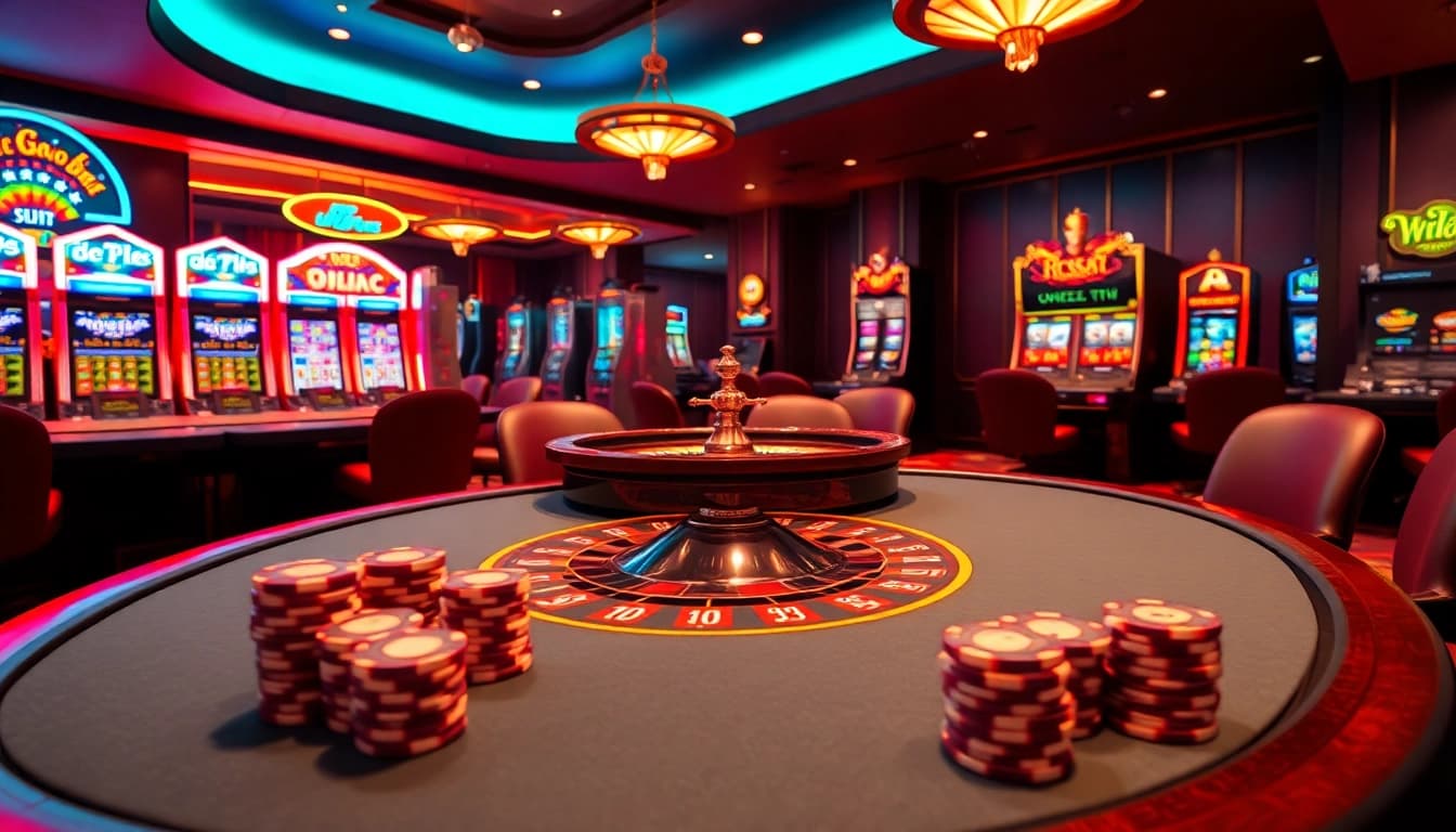 Experience the thrill of gaming at uu88.c with vibrant casino visuals showcasing poker tables and slot machines.