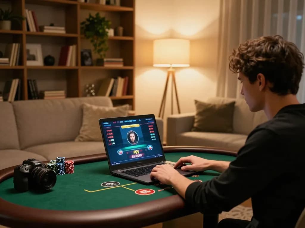 Engaged player exploring online poker options at God55 on a modern laptop, showcasing strategic gaming atmosphere