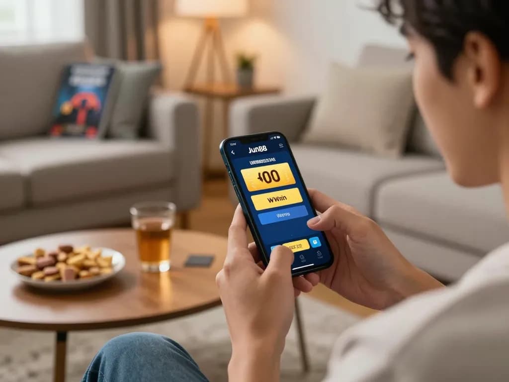 Player celebrating a win on the Jun88 online casino app in a cozy home setting, showcasing an exciting gaming experience.
