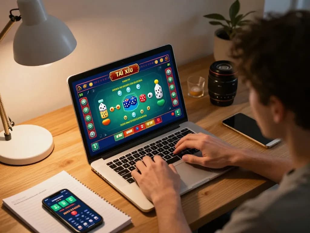 Engaging in tài xỉu online from home, showcasing dynamic gameplay on a laptop while maintaining responsible gaming.