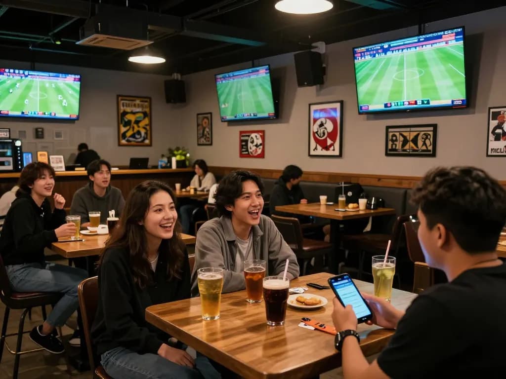 Cakhiatv users engaged in live sports betting while enjoying a match in a lively bar setting.