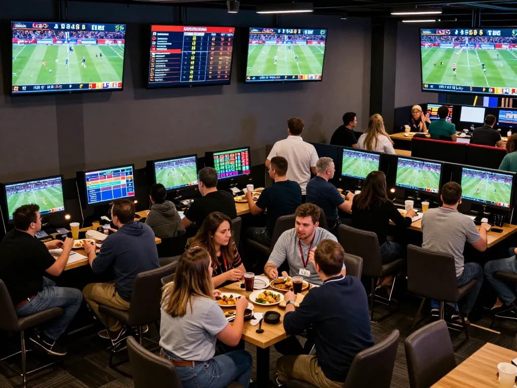 Betting on sports at TX88 venue with dynamic screens and engaged players, highlighting excitement in wagering.