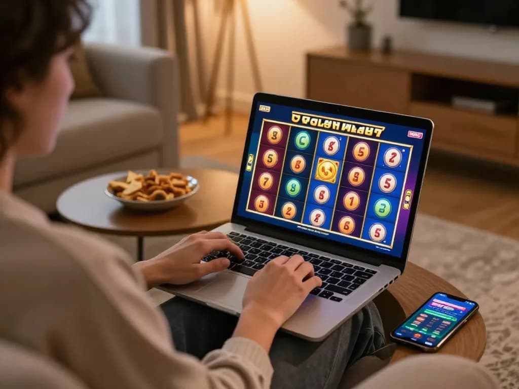Engaging online gaming scene with gg88 player enjoying colorful slot excitement at home