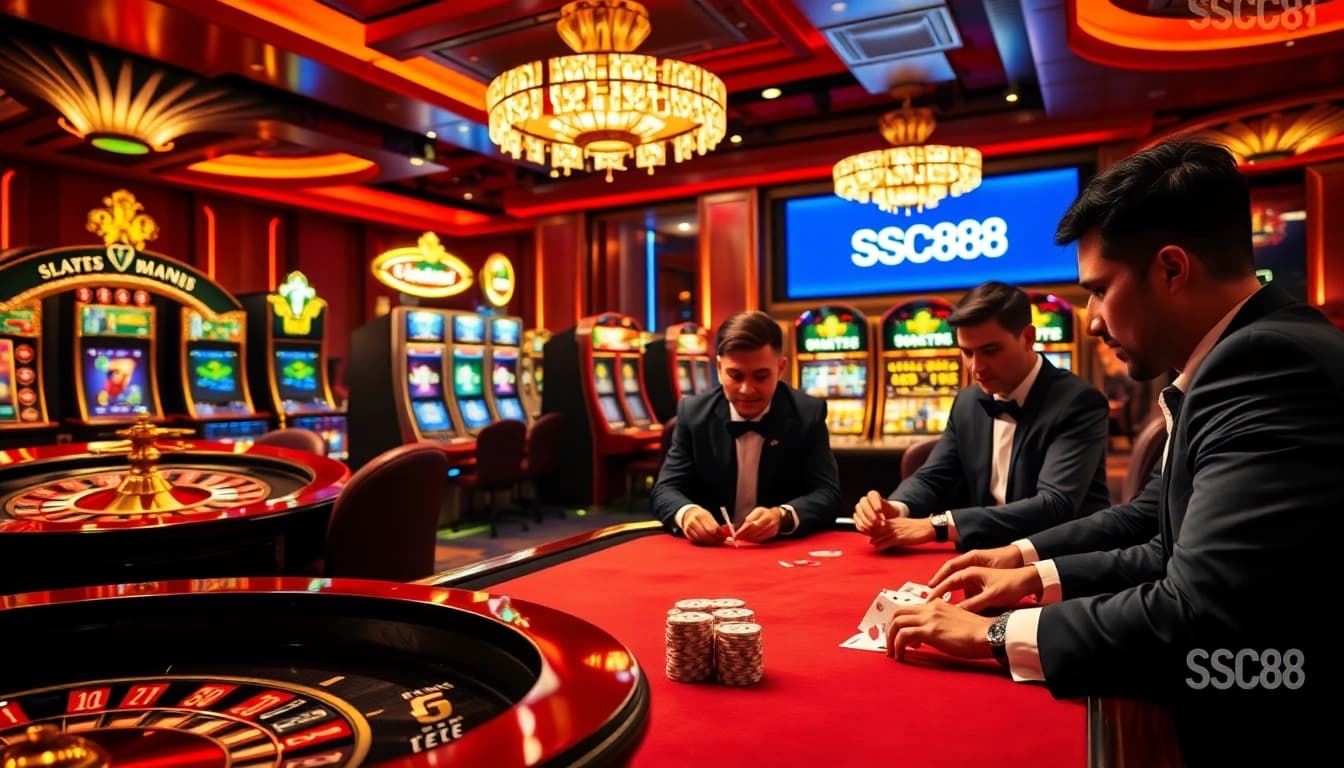 Engage with SC88's thrilling casino atmosphere featuring elegant roulette and poker action.