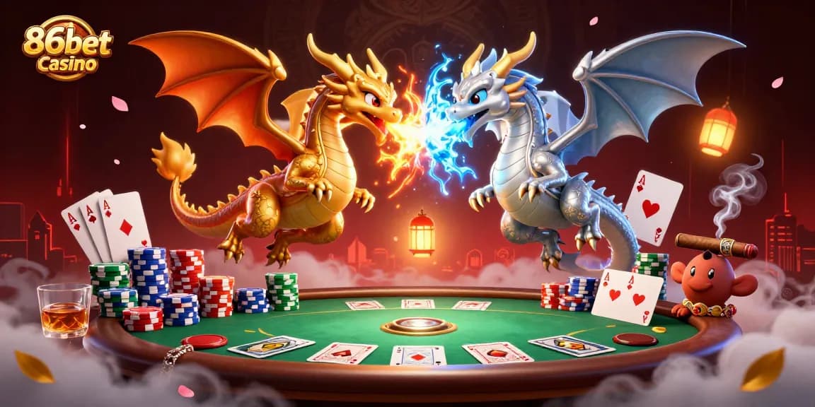 Engage in thrilling gameplay at 86bet casino with dragons, poker chips, and rich visuals.