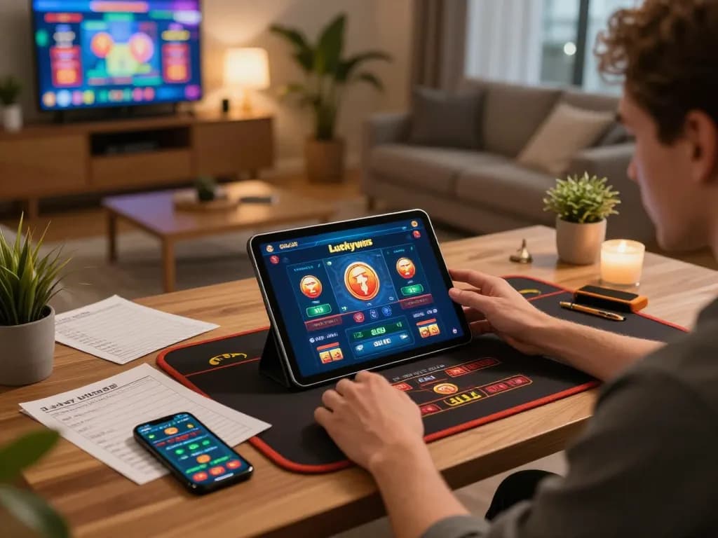 Engaging in online gaming with Luckywin on a tablet, showcasing a cozy and strategic gaming environment.