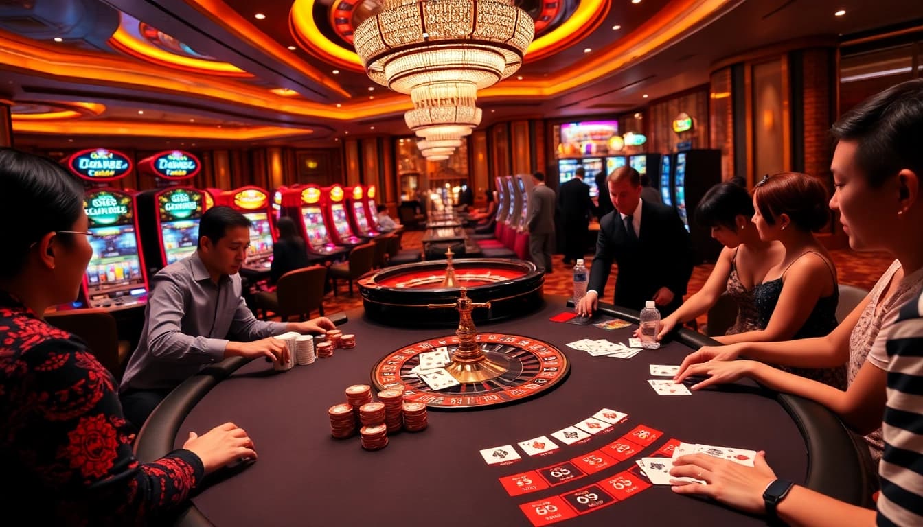 Experience high-stakes gaming at GK88 with a luxurious casino setup featuring blackjack and roulette.