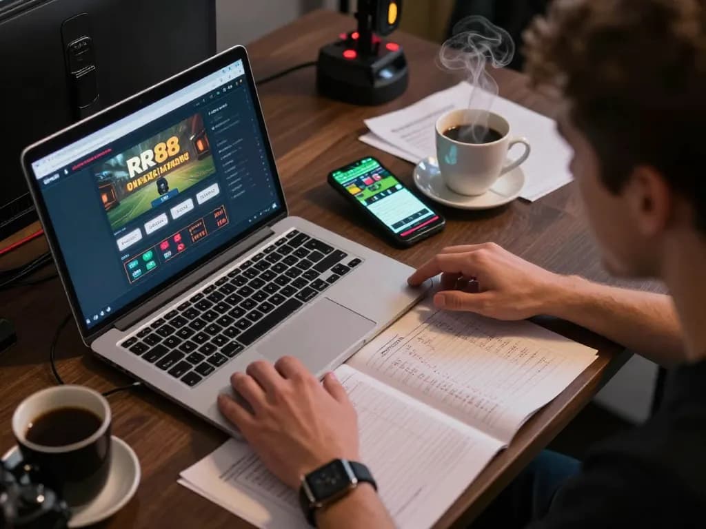 Engaged online casino gaming scene showcasing RR88 gaming interface and betting notes