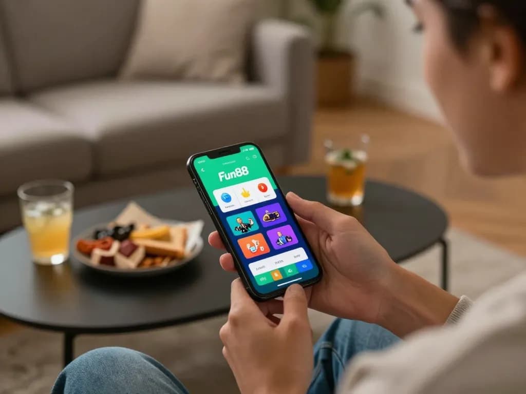 Player enjoying sports betting on Fun88 app in a cozy home setting