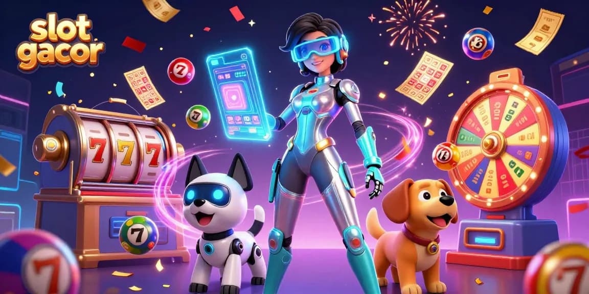 Experience slot gacor action with a vibrant 3D scene featuring dynamic lottery elements and a futuristic character.