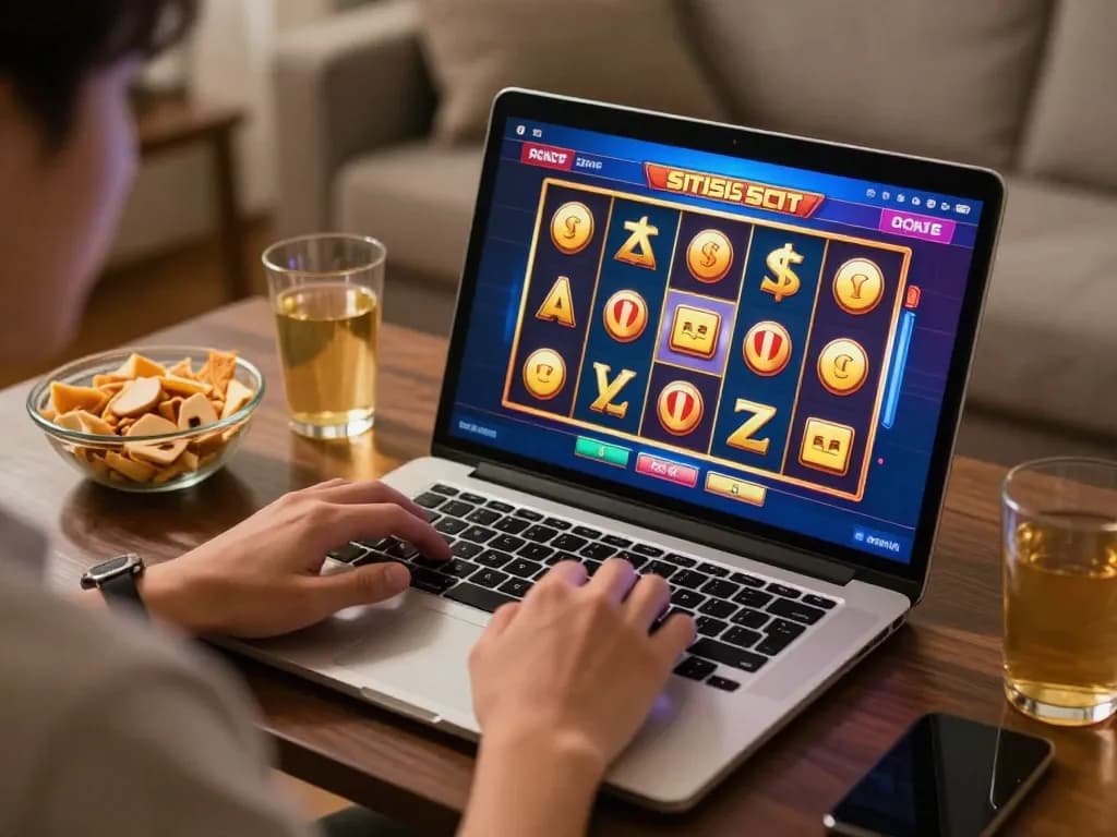 Situs slot gaming at home on a laptop, showing colorful reels and jackpot excitement.