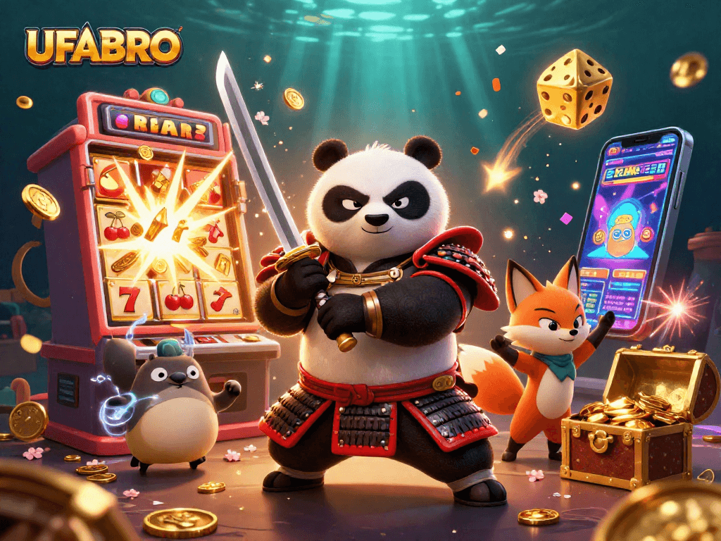 Experience thrilling wins at UFABRO with a samurai panda and ninja fox amidst dazzling casino games.