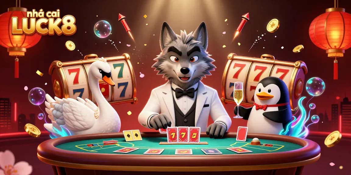 Engage with the exciting world of nhà cái LUCK8 featuring a sophisticated casino scene with whimsical characters.