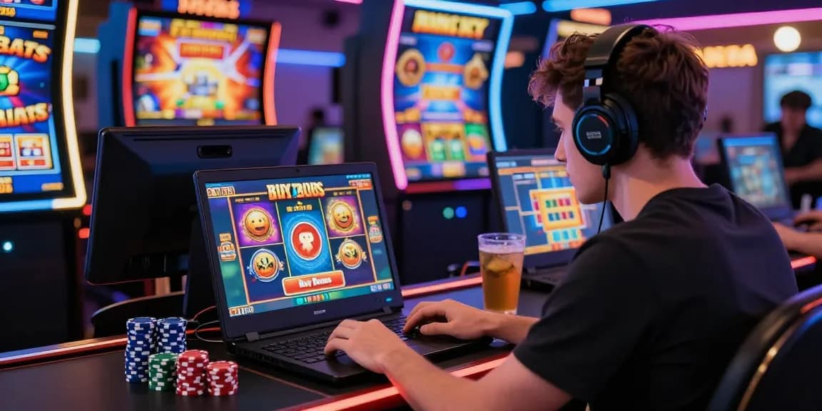 Player engaging with bonus buy slots on a laptop, surrounded by colorful gaming elements highlighting excitement.