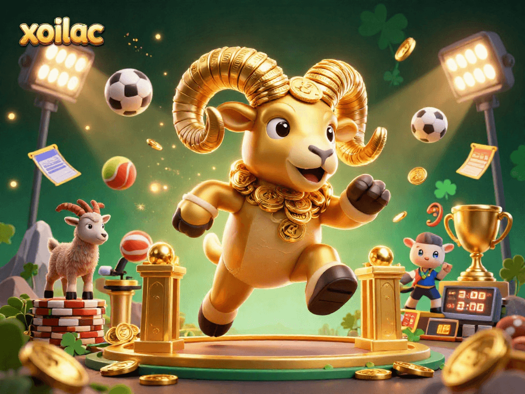 Xoilac mang đến cảnh tượng sôi động với con ram vàng khổng lồ trong chiếc cổng vàng, giữa những đồng tiền và bóng thể thao.