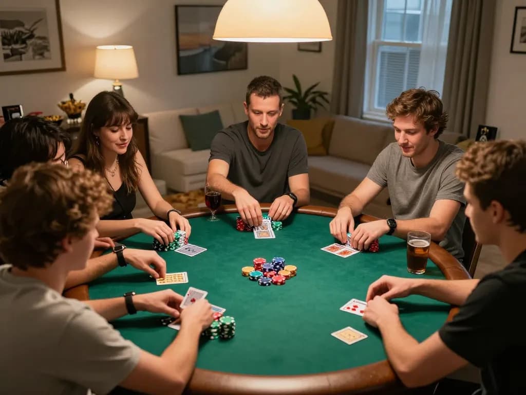 A dynamic home poker night scene featuring players engaged in competitive gameplay with da88 poker chips and cards prominently displayed.
