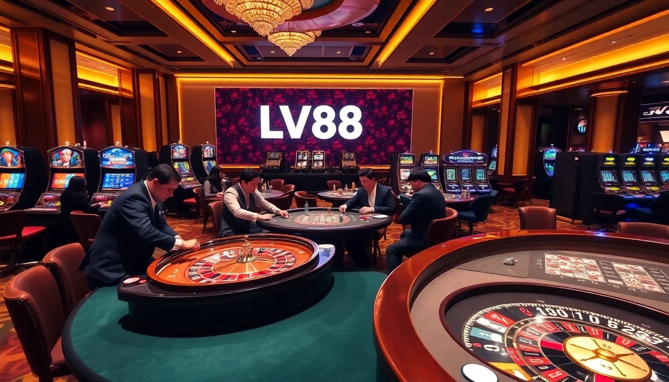 Experience high-stakes excitement at LV88 casino with vibrant gaming tables and slot machines.