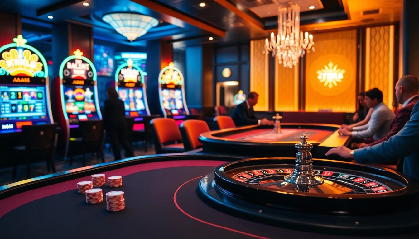 Experience the excitement of gambling at ทางเข้า mk8 with a luxurious casino scene featuring poker and roulette tables.