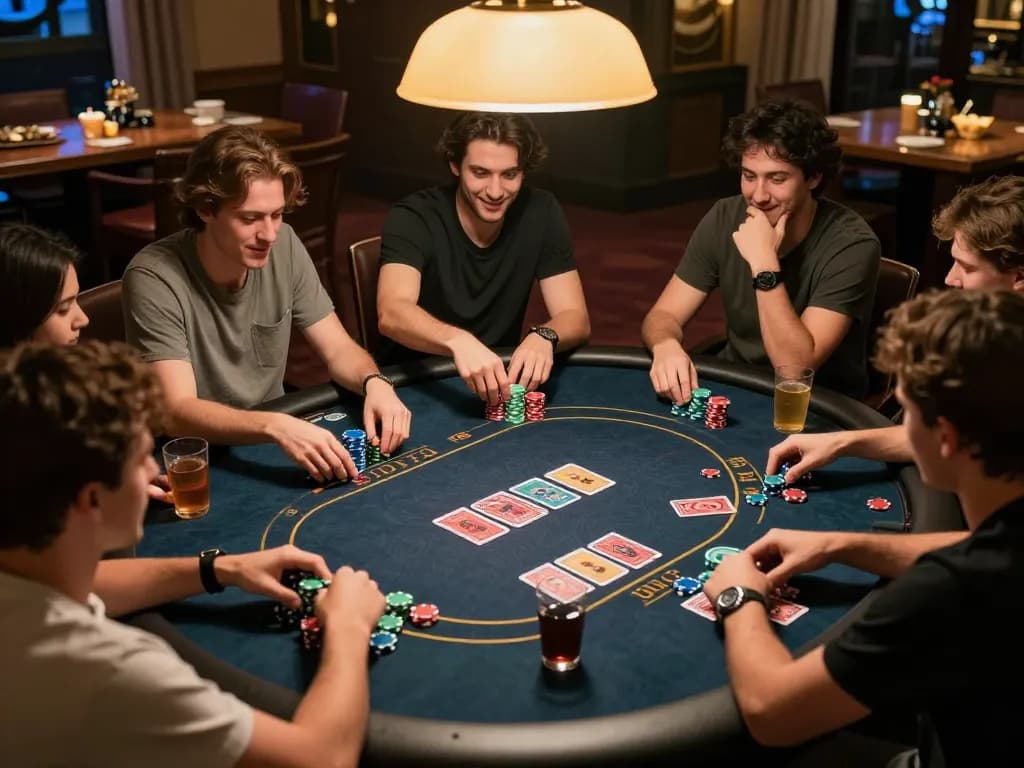 Bong88 players enjoying an exciting poker night with friends, showcasing vibrant chips and cards.