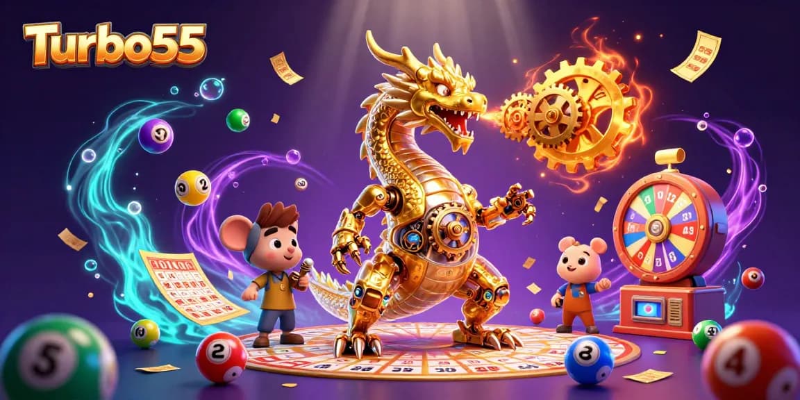 Turbo55 engages with a vibrant casino scene featuring a golden dragon and dynamic lottery elements.