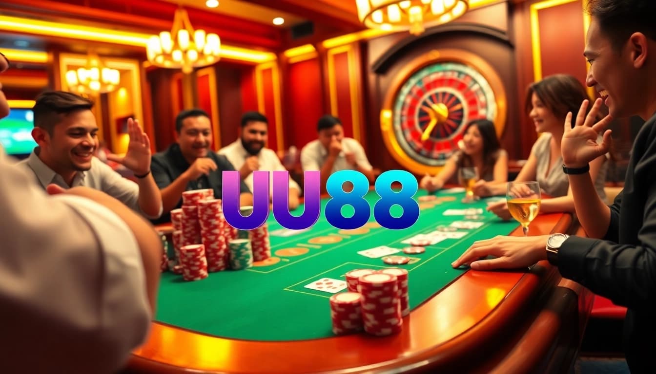 A thrilling UU88 casino gaming experience with players betting at a vibrant table.