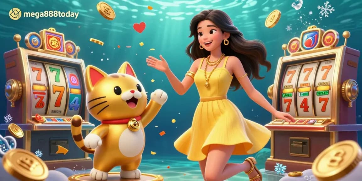 Experience winning with mega888today as the cheering Asian woman and lucky cat celebrate over golden coins and jackpots.