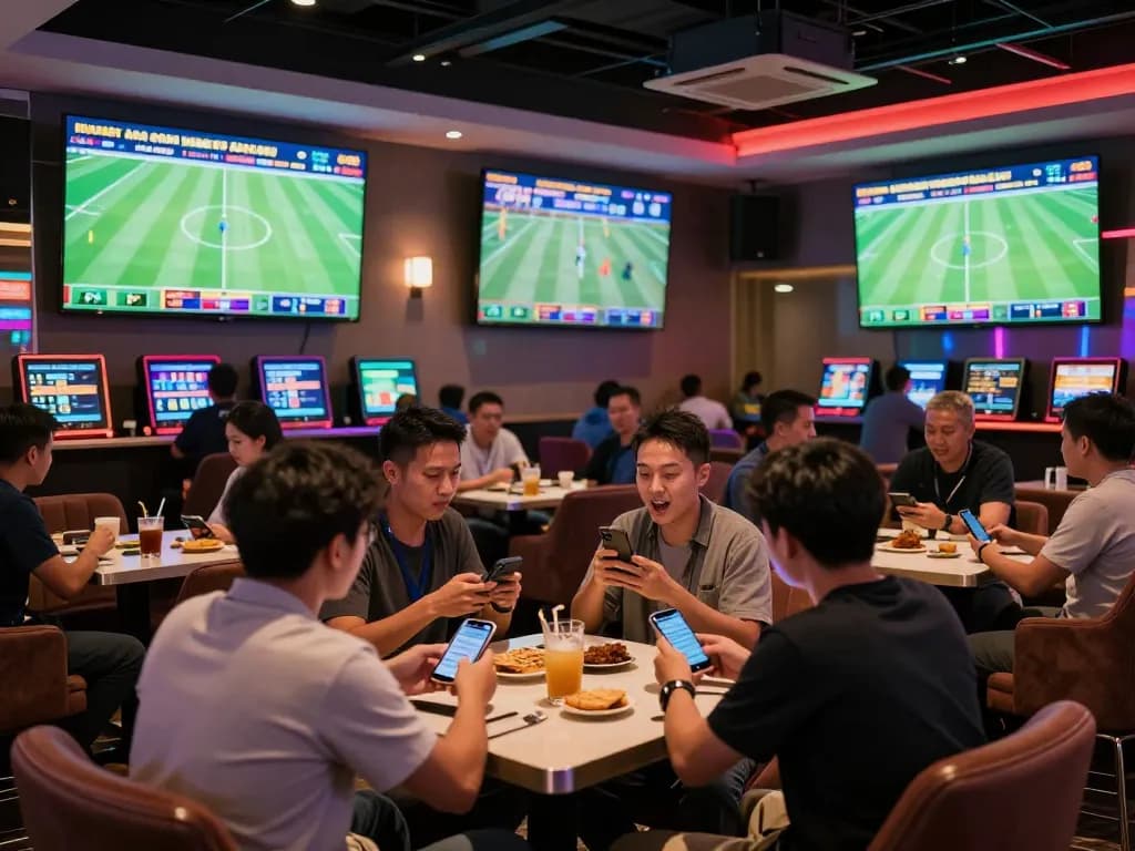 Sports fans engaging with kèo nhà cái while enjoying live football matches in a modern betting lounge.