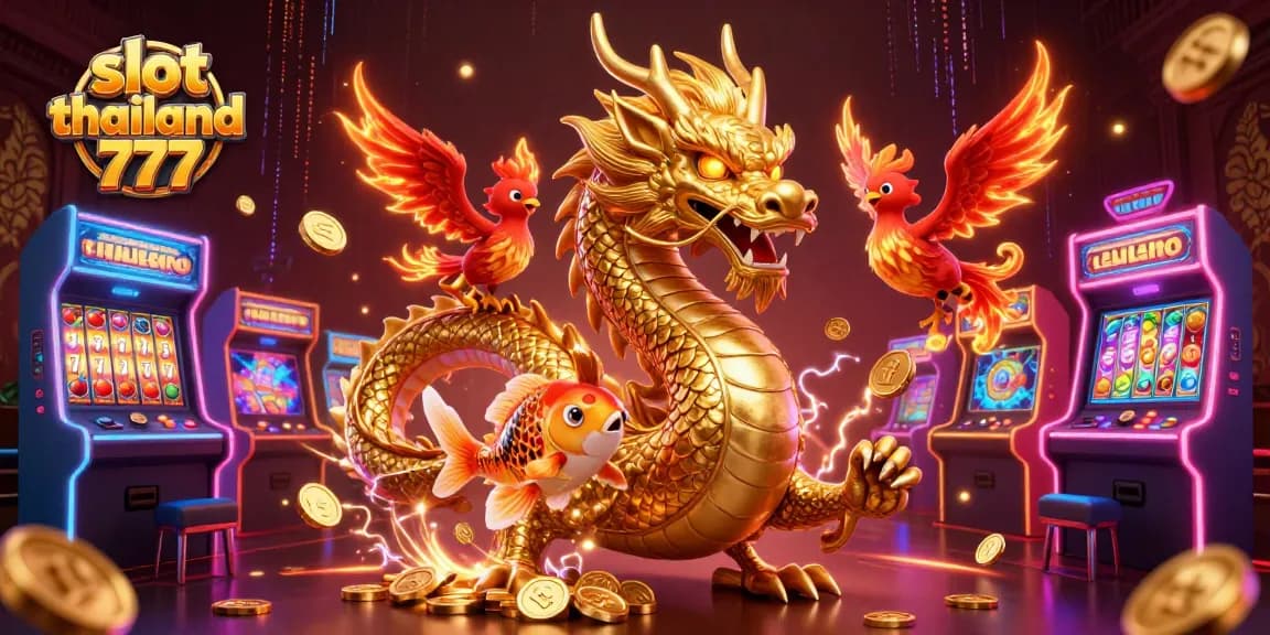 Experience the excitement of slot thailand 777 with a golden dragon amidst vibrant gaming elements and coins.